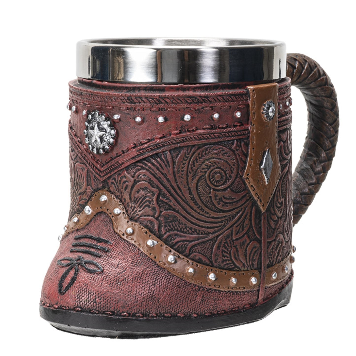 Western Cowboy Boot Red Embellished Faux Leather Stainless Steel 8fl oz Resin Mug