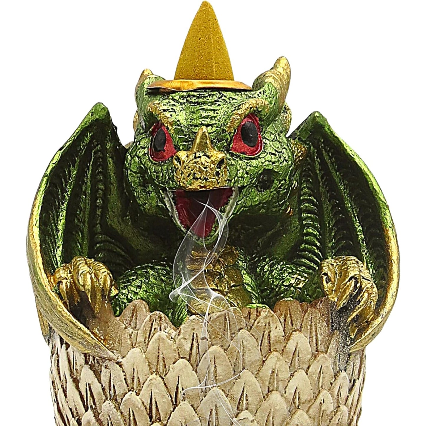 Green Baby Dragon Hatching From Egg Backflow Incense Burner 4.3 inch