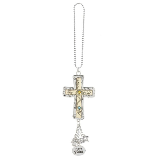 Ganz Cross Silver and Gold Have Faith Cross Car Charm 7 inch with Silver Chain