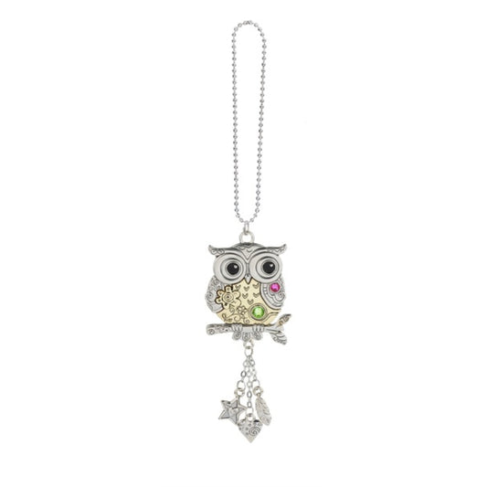 Silver and Gold Owl Perched on Branch Car Charm 7 inch with Silver Chain