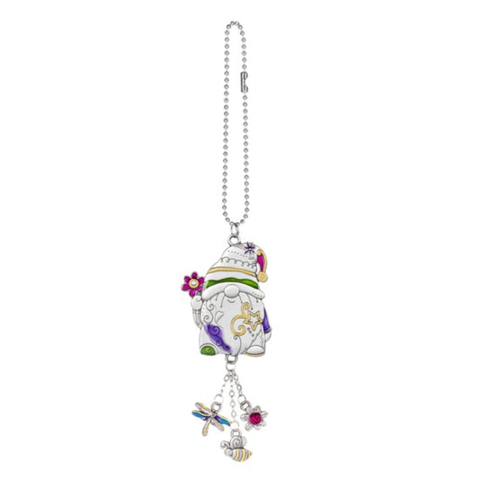 Multi Color Gnome Holding Flower Car Charm 7.5 Inch with Silver Chain