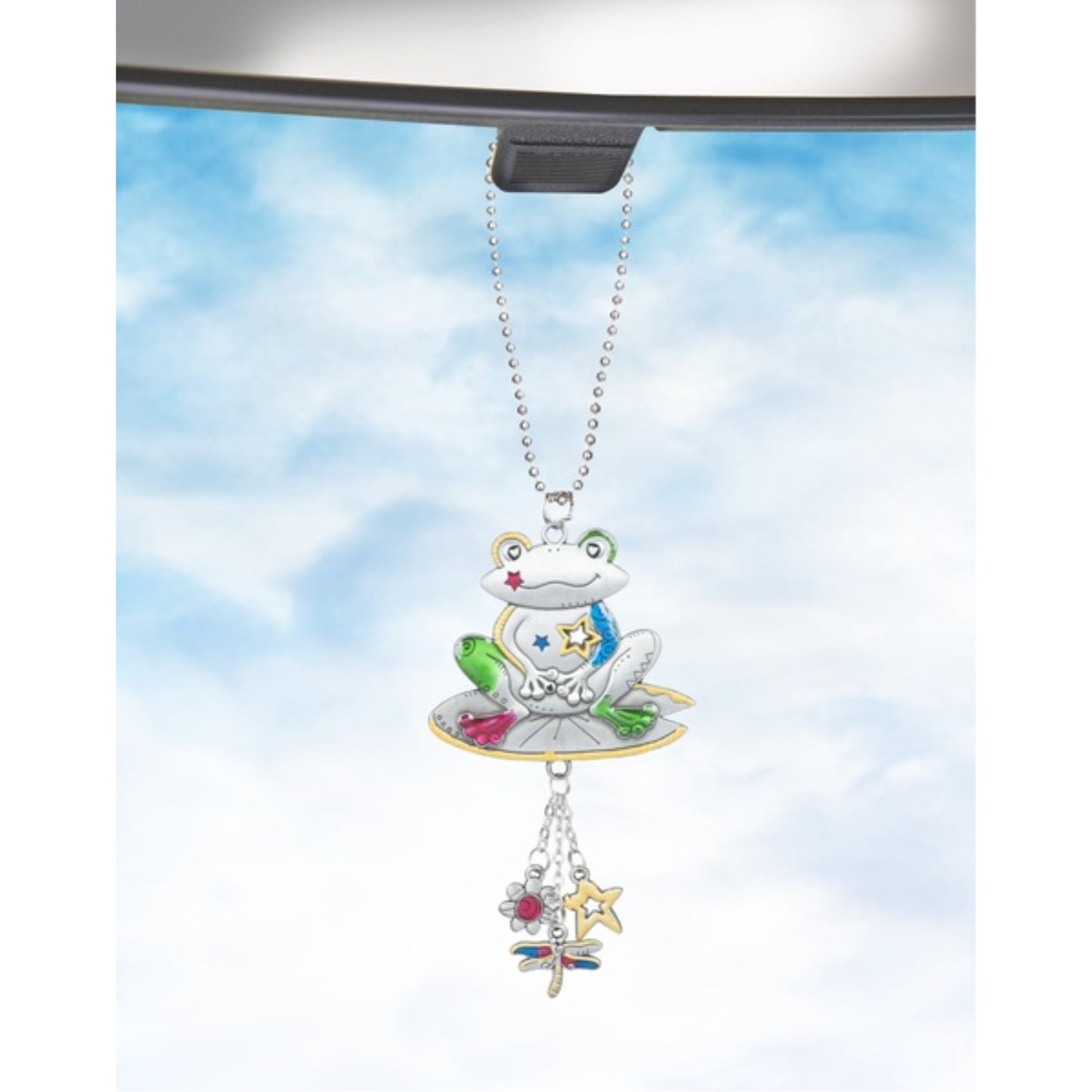 Ganz Multi Color Smiling Frog Car Charm 7 inches with Silver Chain