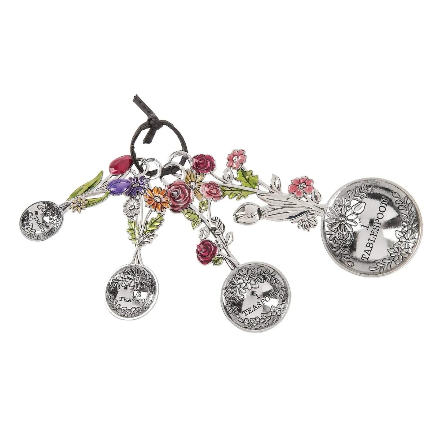 Colored Flower Bouquet Silver Zinc Metal 4 Piece Measuring Spoons Set