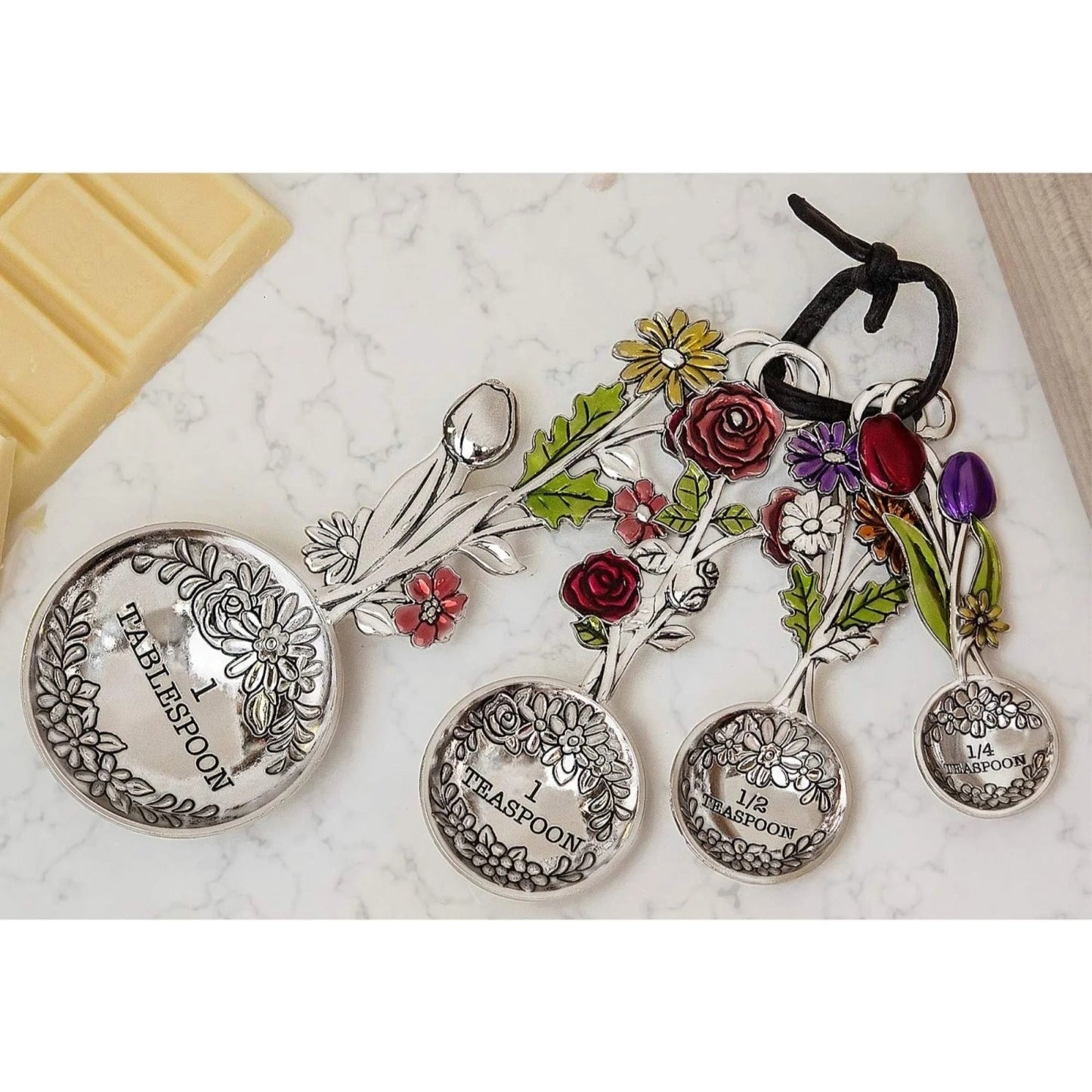 Colored Flower Bouquet Silver Zinc Metal 4 Piece Measuring Spoons Set