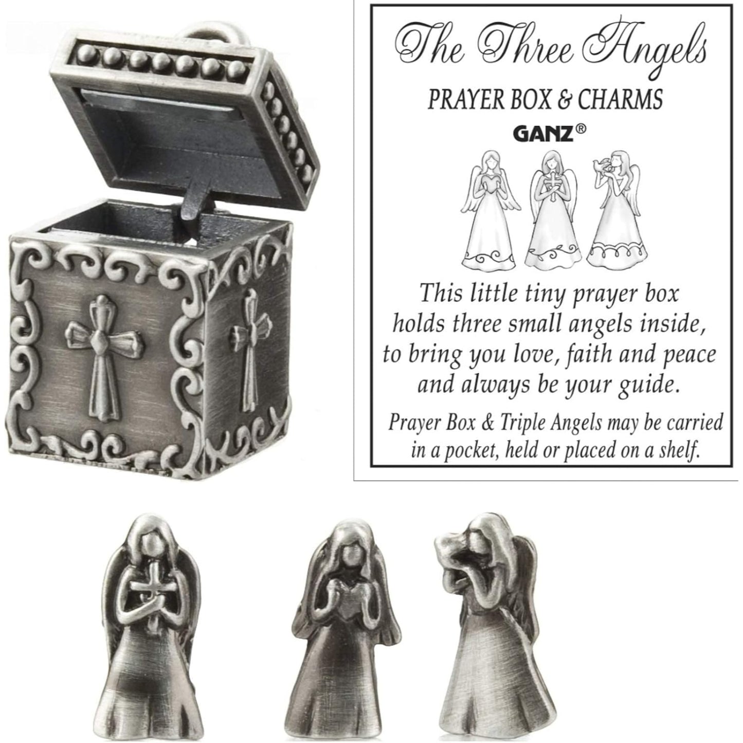 Ganz Silver The Three Angels Miniature Metal Prayer Box and Charms 1 inch