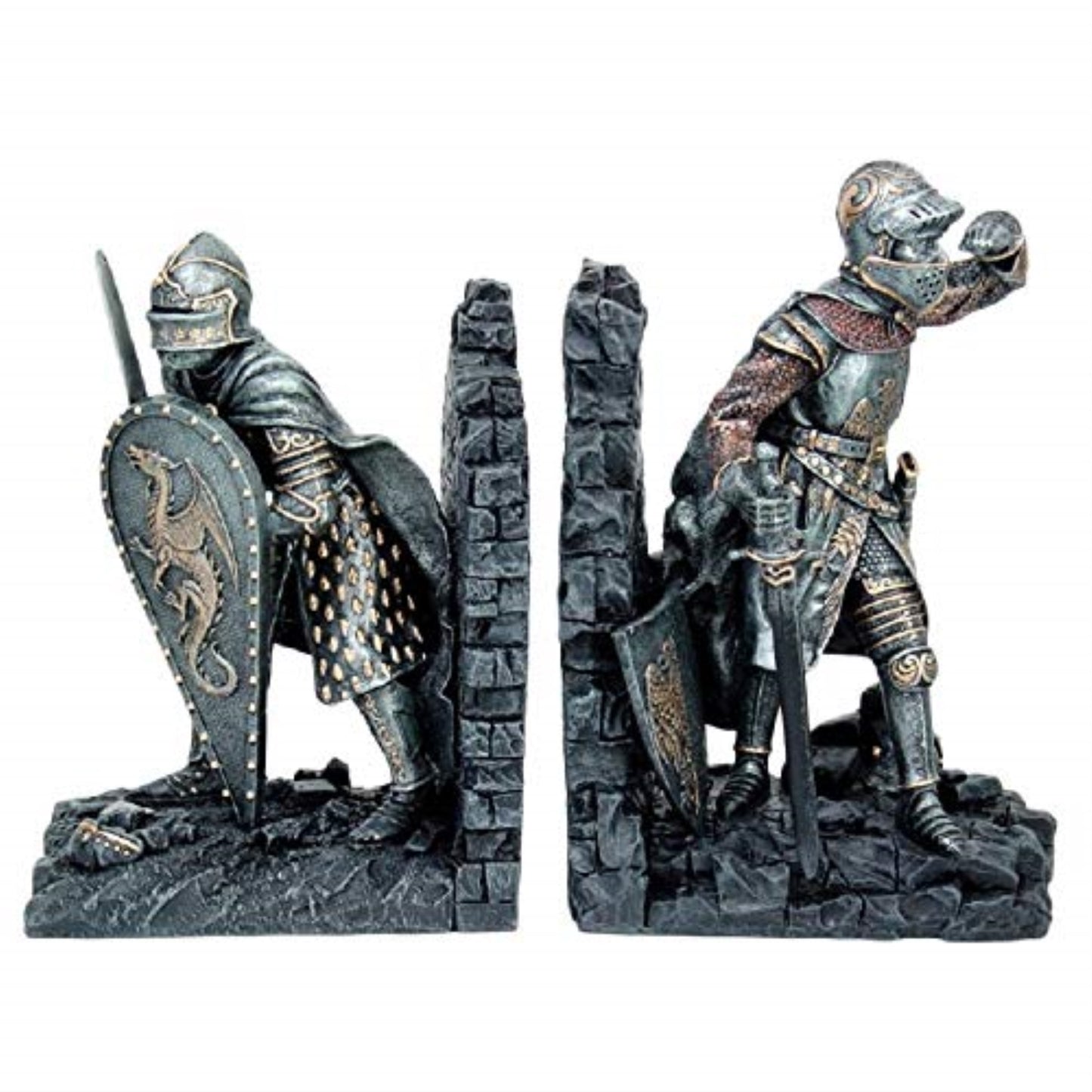 Medieval Knights in Shining Armor Sculptural Decorative Bookends Set 8 Inch Tall