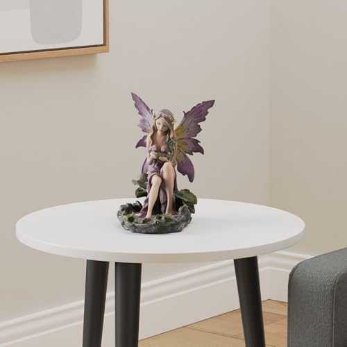 Water Purple Winged Fairy Sitting By Pond Statue Figurine 10 inch