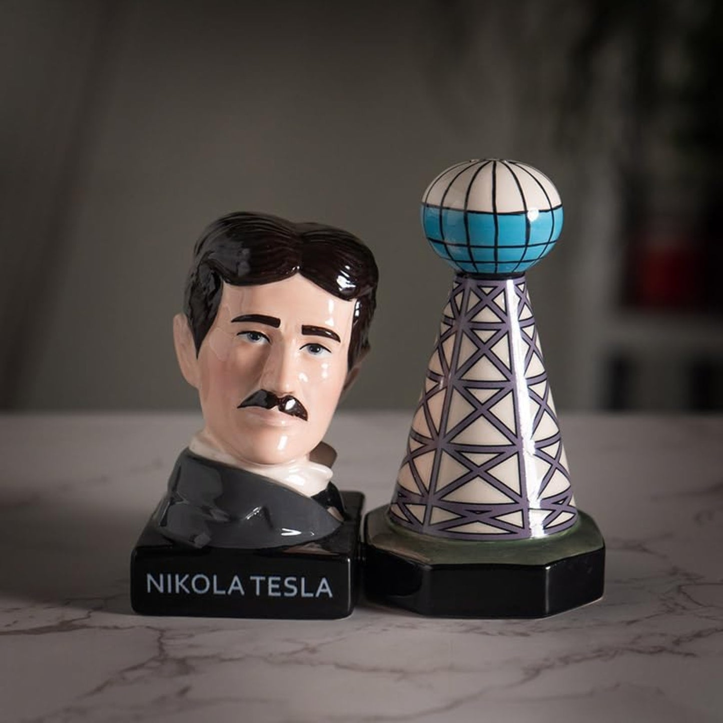 Nikola Tesla Inspired Ceramic Salt and Pepper Shaker Set Tesla and Tower