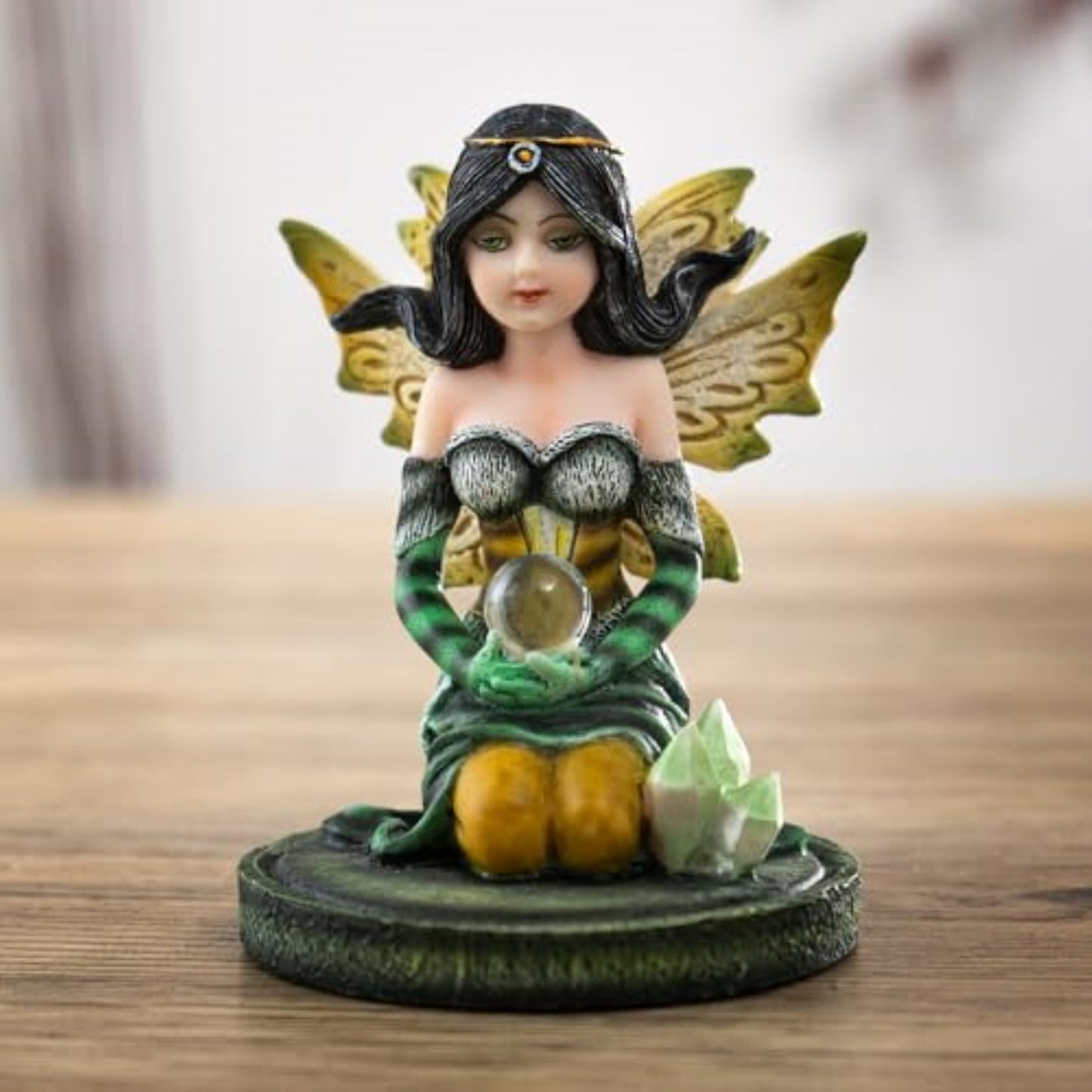 3 inch Green Crystal Fairy Figurine with Mystical Orb and Crystal Accents Small Fairy Statue