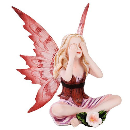 Small Playful Red Flower Peekabo Fairy Figurine Made of Polyresin 3.75 inch