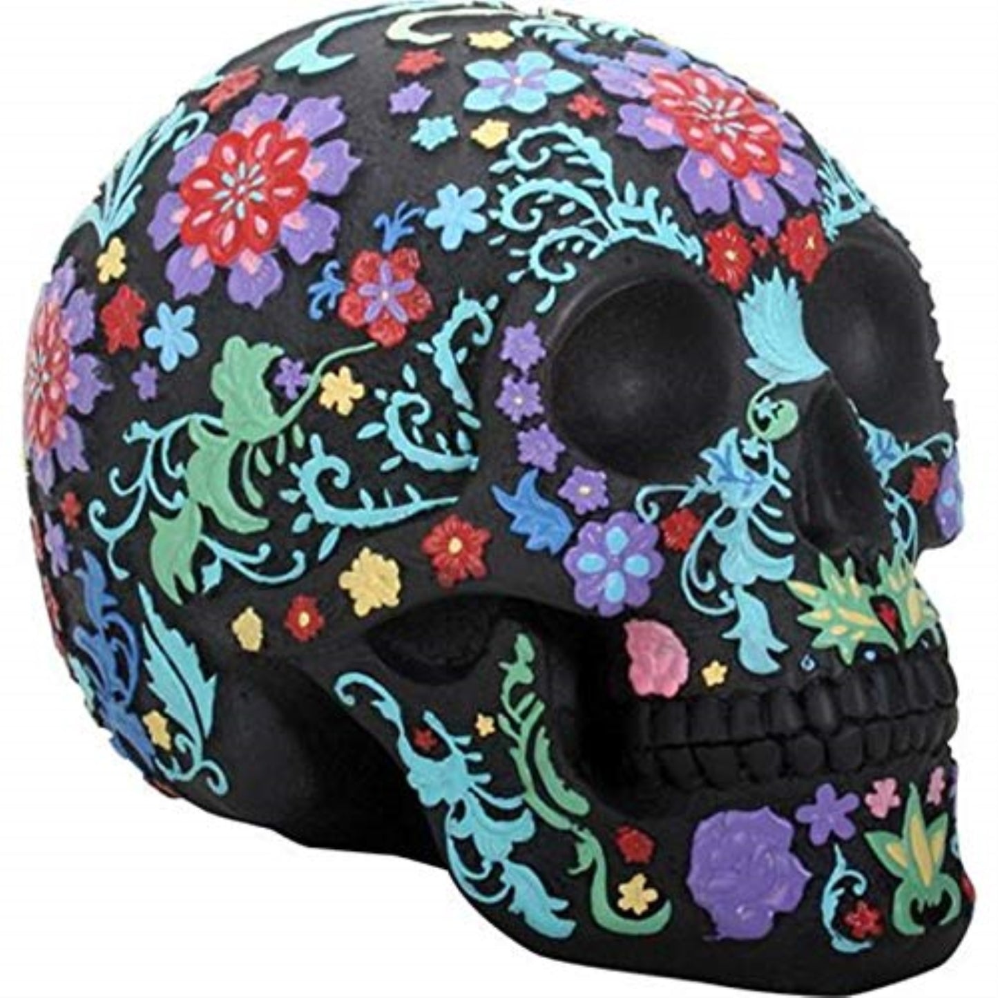 Day of The Dead Engraved Colored Floral Skull Halloween Black Figurine 8 x 6.25 inch