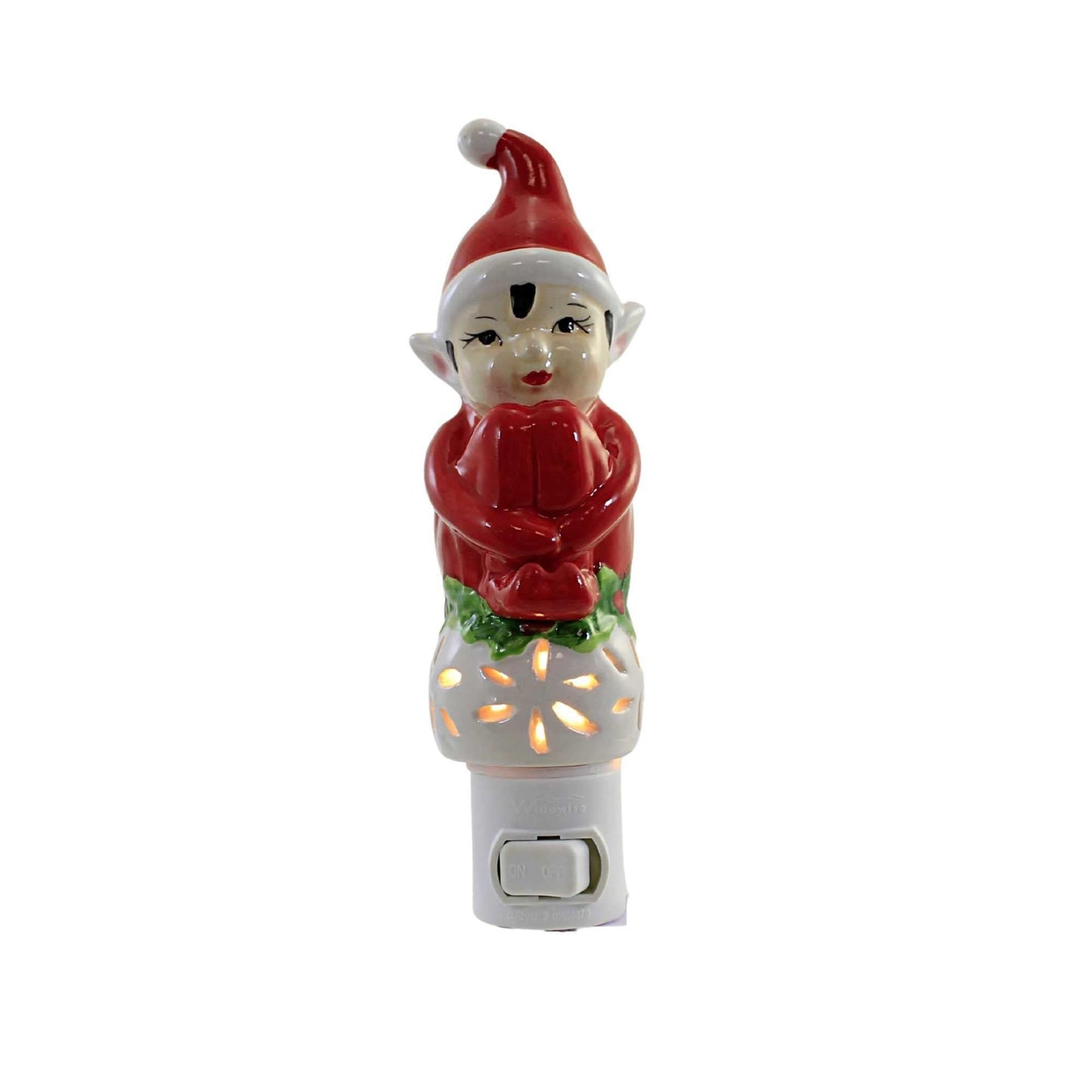 Ganz Christmas Elf Ceramic Holly Snowflakes Christmas Plug in Night Light 6.5 inch