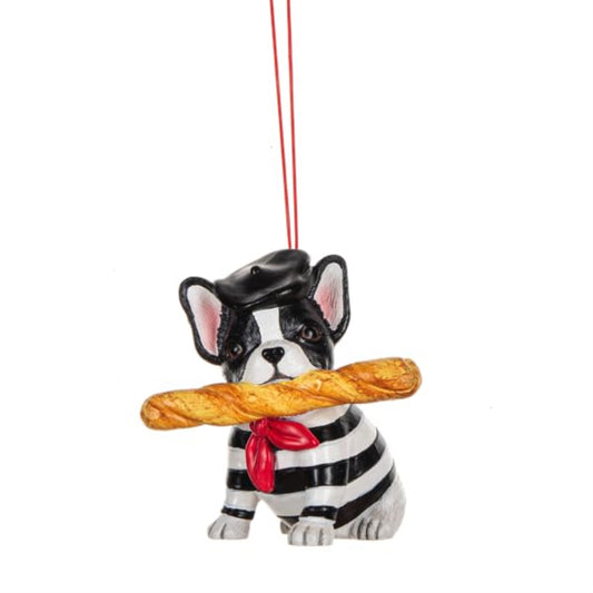 Ganz French Bulldog with Baguette  Christmas Tree Ornament 3.3 Inch Multicolor