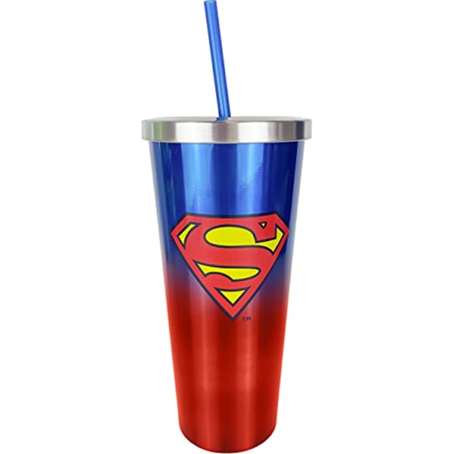 Spoontiques DC Comics Superman Logo Double Wall Insulated Stainless Steel Tumbler Travel Cup with Straw 24 ounce