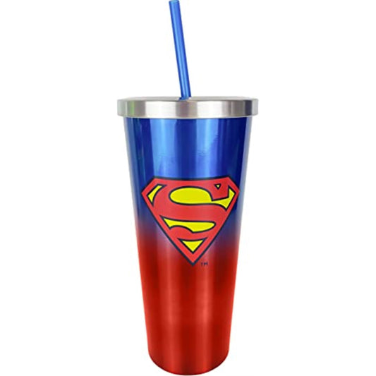 Spoontiques DC Comics Superman Logo Double Wall Insulated Stainless Steel Tumbler Travel Cup with Straw 24 ounce