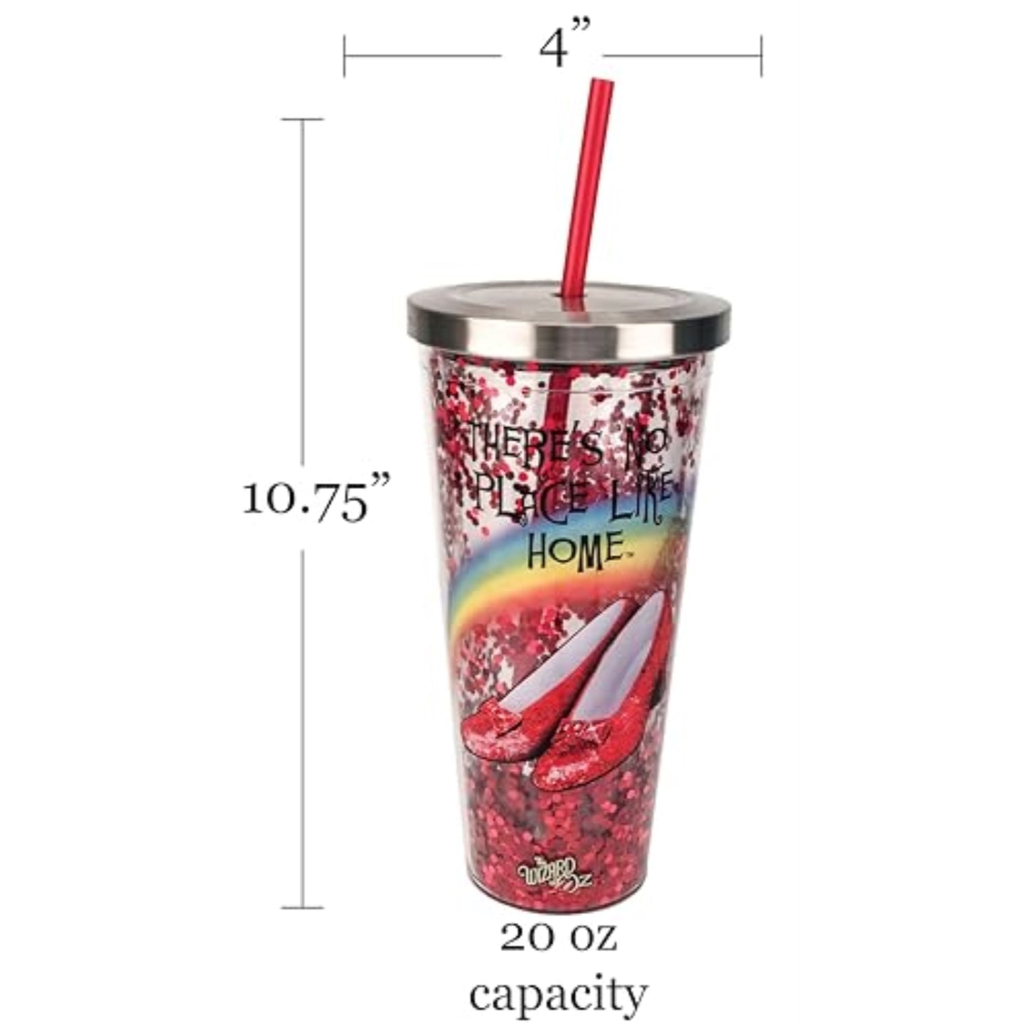 Spoontiques Wizard of Oz No Place Like Home Acrylic Tumbler Glitter Cup with Straw 20 ounce