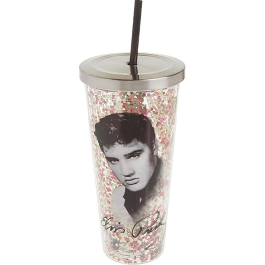 Spoontiques Elvis Presley Double Walled Acrylic Tumbler Glitter Cup with Straw 20 ounce