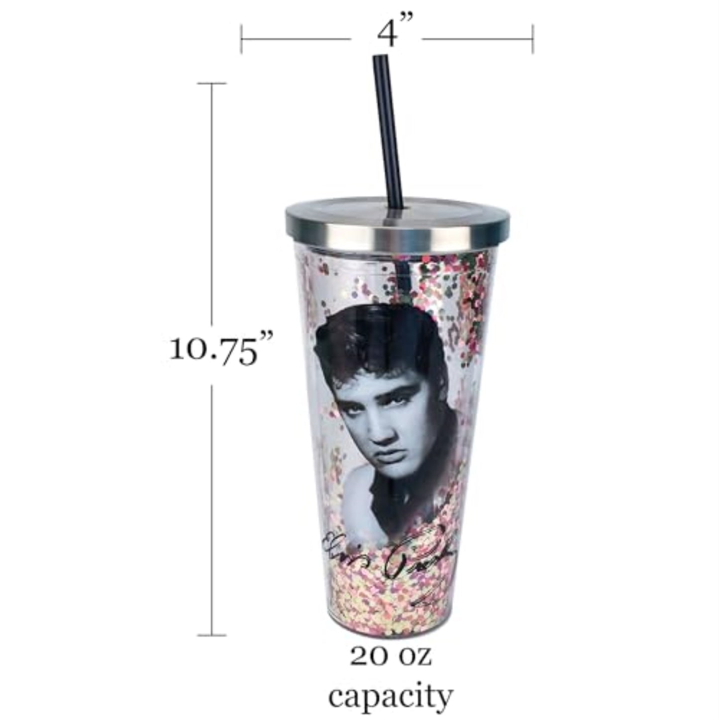 Spoontiques Elvis Presley Double Walled Acrylic Tumbler Glitter Cup with Straw 20 ounce