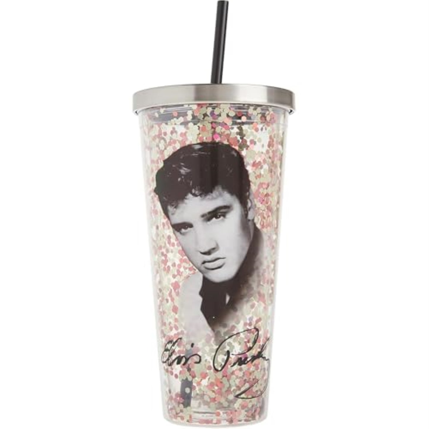 Spoontiques Elvis Presley Double Walled Acrylic Tumbler Glitter Cup with Straw 20 ounce