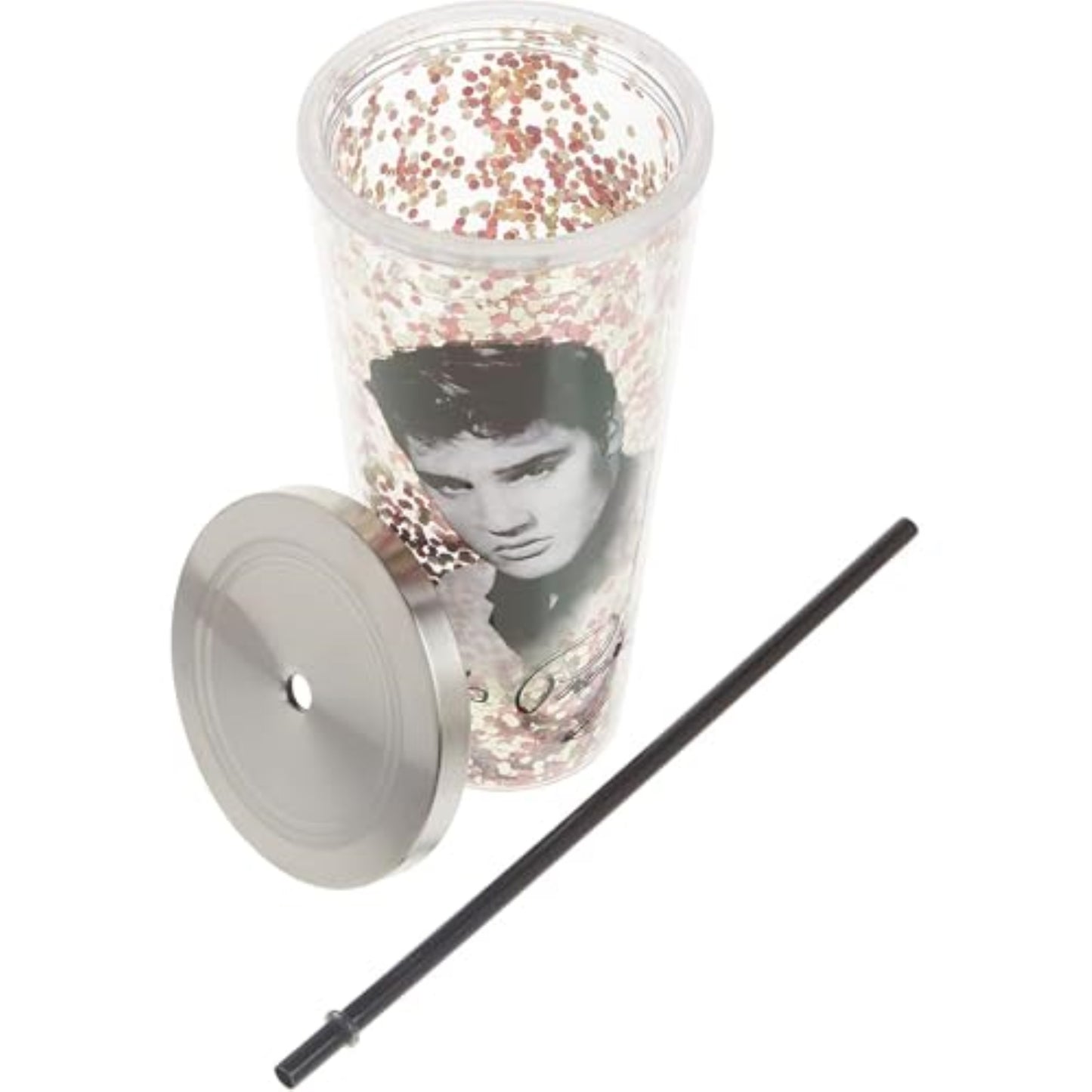 Spoontiques Elvis Presley Double Walled Acrylic Tumbler Glitter Cup with Straw 20 ounce