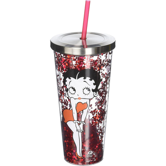 Spoontiques Betty Boop Double Walled Insulated Acrylic Tumbler Glitter Cup with Straw 20 ounce