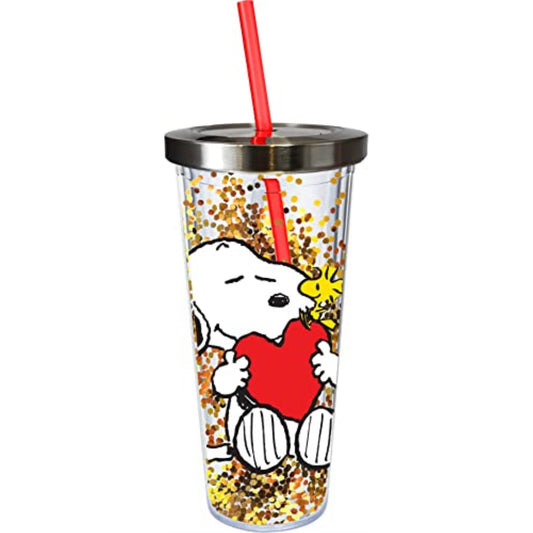 Spoontiques Peanuts Snoopy and Woodstock Double Walled Insulated Acrylic Tumbler Glitter Cup with Straw 20 ounce