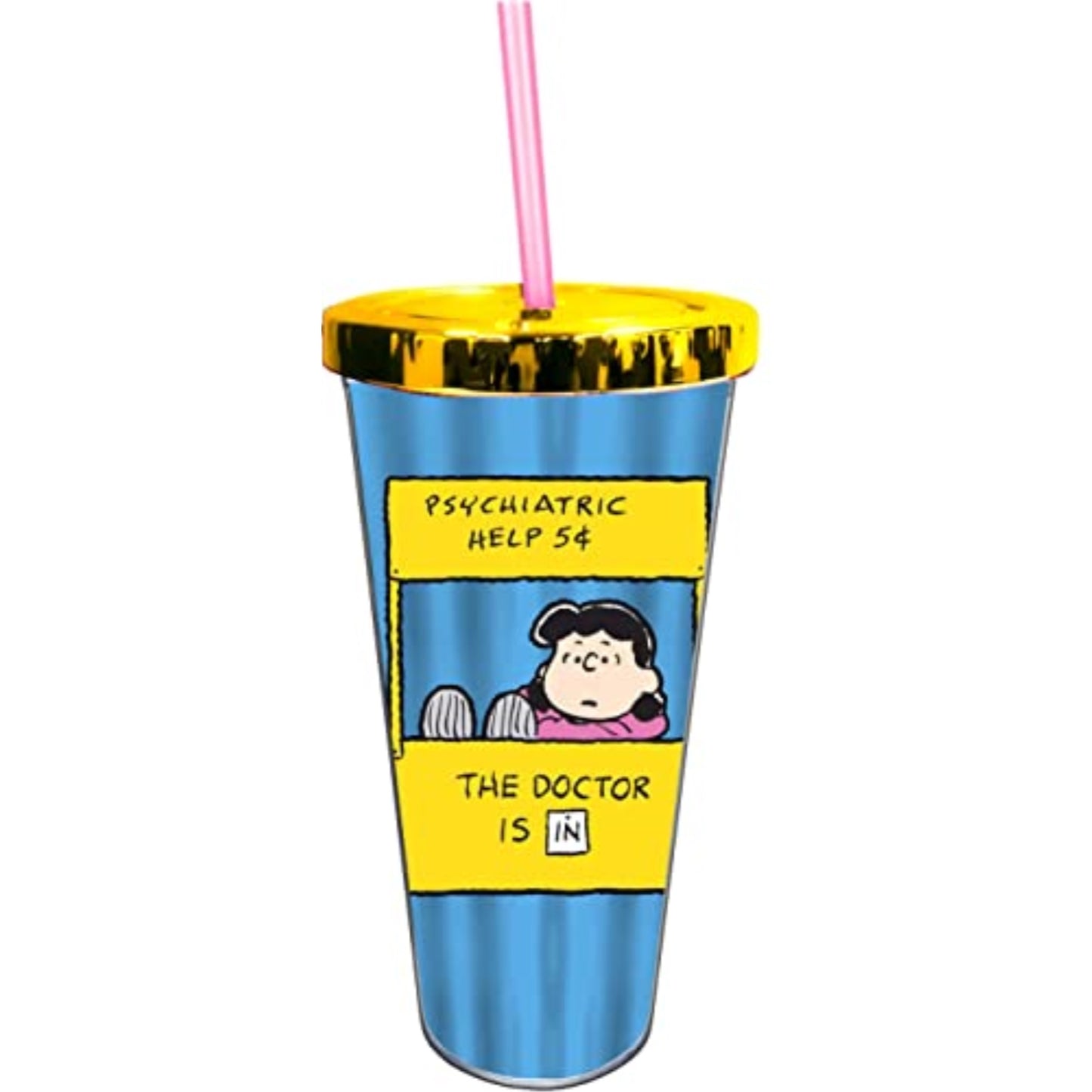 Spoontiques Peanuts Lucy Metallic Look Double Wall Insulated Acrylic Foil Cup with Straw 20 ounce
