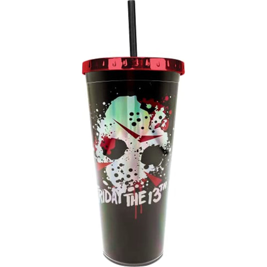 Spoontiques Friday the 13th Metallic Look Double Wall Insulated Acrylic Foil Cup with Straw 20 ounce