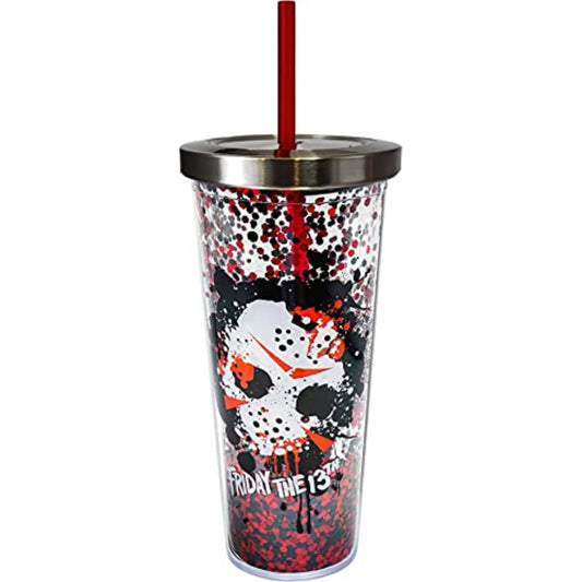Spoontiques Friday the 13th Double Walled Insulated Acrylic Tumbler Glitter Cup with Straw 20 ounce