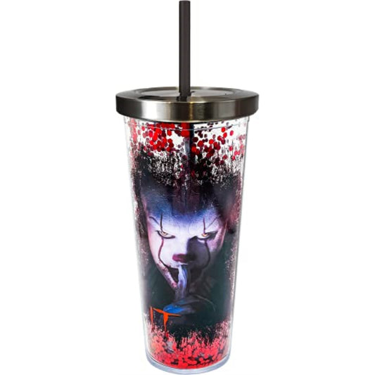 Spoontiques It Pennywise Double Walled Insulated Acrylic Tumbler Glitter Cup with Straw 20 ounce