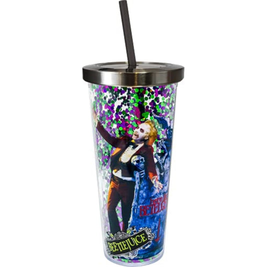 Spoontiques Beetlejuice Double Walled Insulated Acrylic Tumbler Glitter Cup with Straw 20 ounce