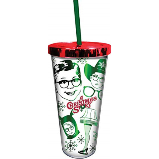 Spoontiques A Christmas Story Metallic Look Double Wall Insulated Acrylic Foil Cup with Straw 20 ounce