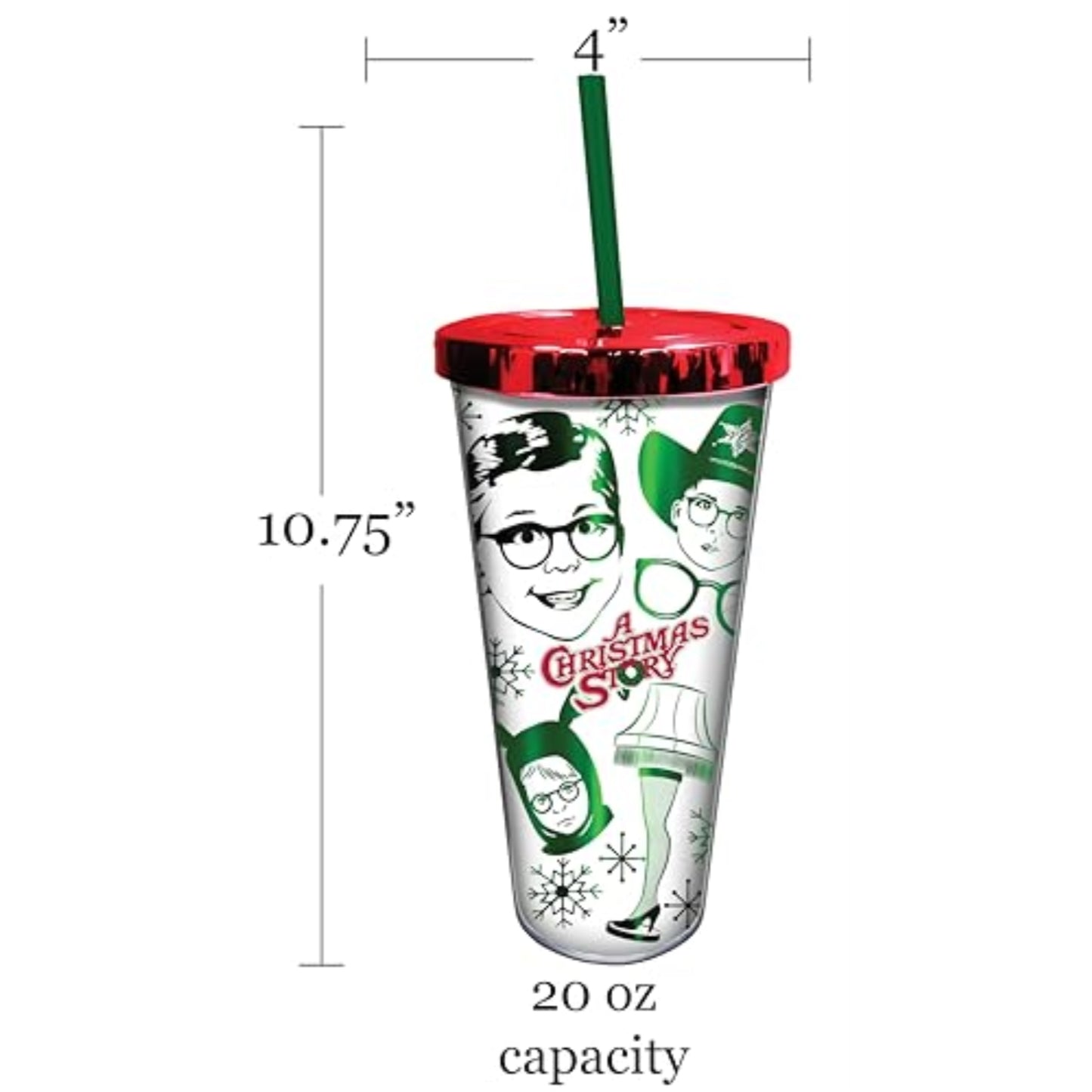 Spoontiques A Christmas Story Metallic Look Double Wall Insulated Acrylic Foil Cup with Straw 20 ounce