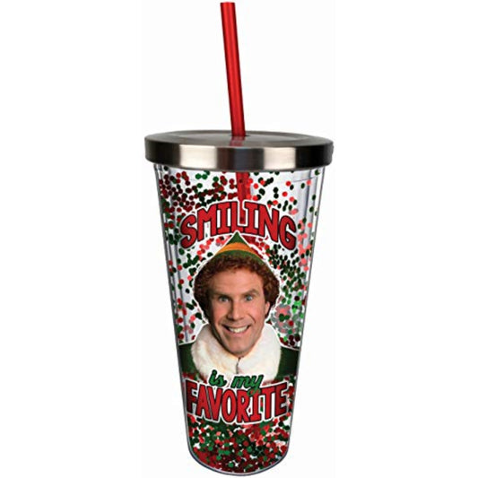 Spoontiques Elf Smiling Is My Favorite Double Walled Insulated Acrylic Tumbler Glitter Cup with Straw 20 ounce