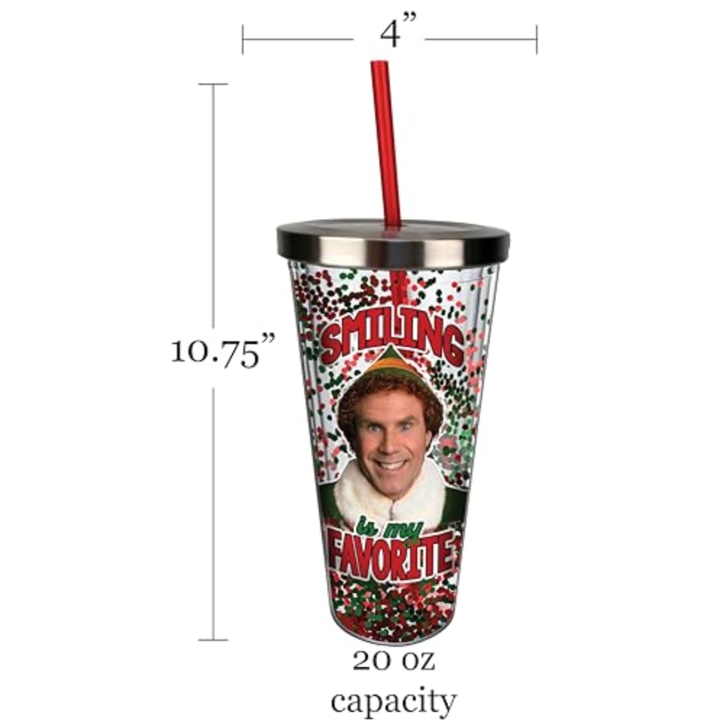 Spoontiques Elf Smiling Is My Favorite Double Walled Insulated Acrylic Tumbler Glitter Cup with Straw 20 ounce