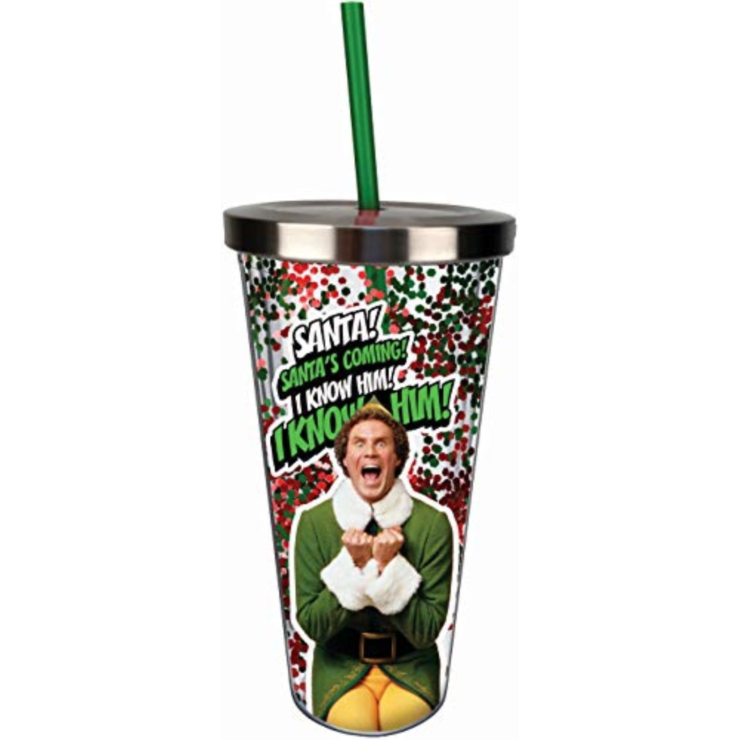 Spoontiques Elf Santa I Know Him Double Walled Insulated Acrylic Tumbler Glitter Cup with Straw 20 ounce