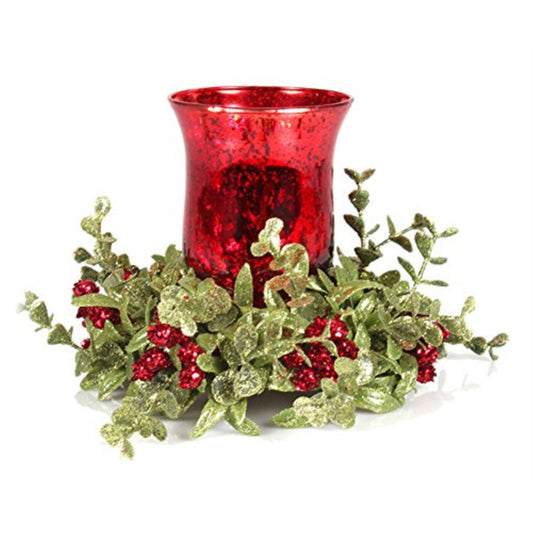 Kissing Krystals Small Red Mercury Glass Hurricane Candle Holder and Mistletoe Set 7 inch