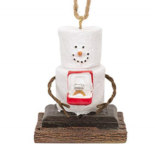 S'mores Marshmallow Snowman Man Presenting an Engagement Ring Christmas Ornament 2.4 inch