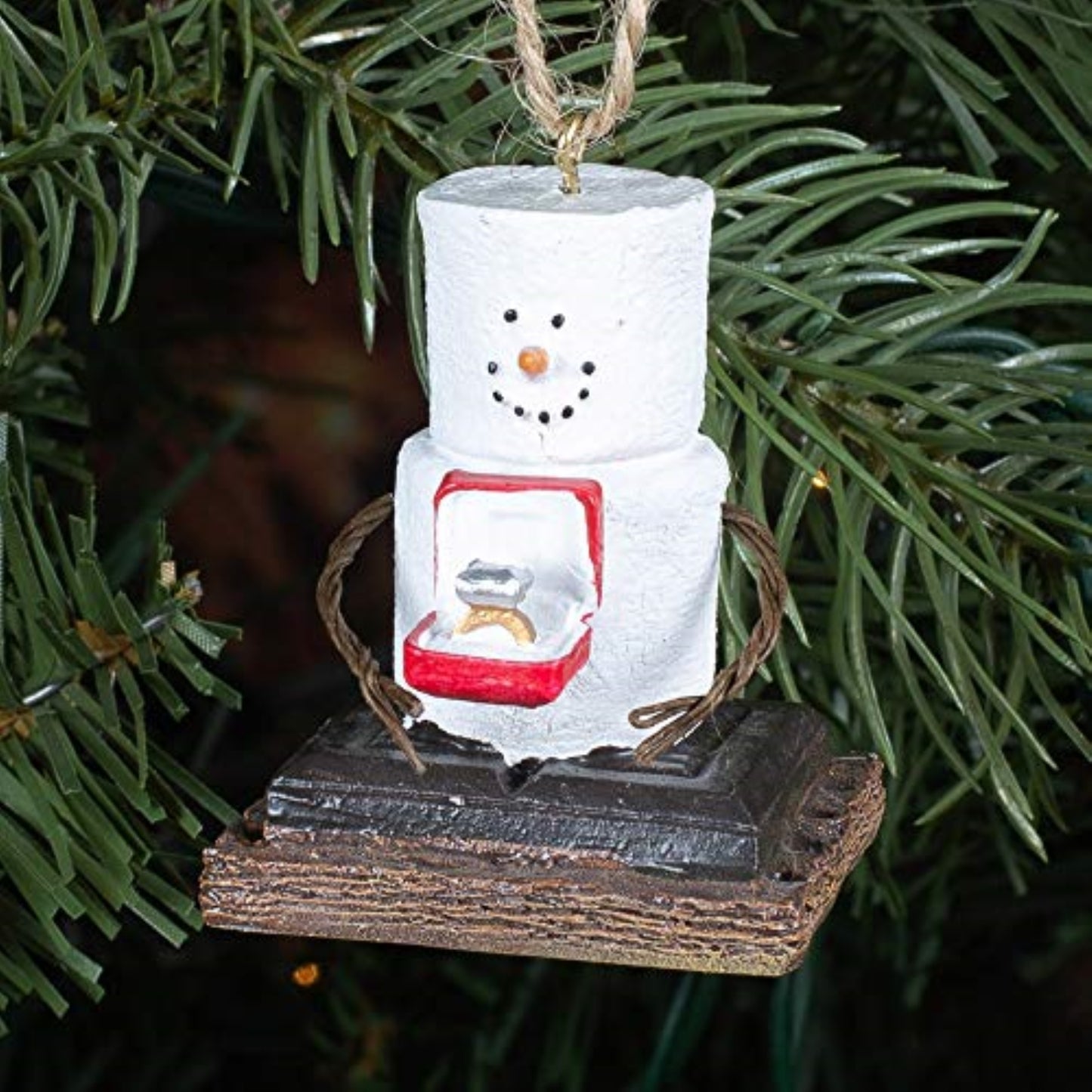 S'mores Marshmallow Snowman Man Presenting an Engagement Ring Christmas Ornament 2.4 inch