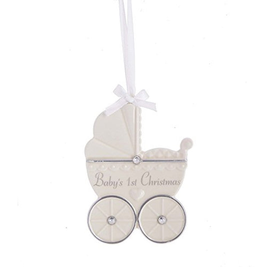 Midwest CBK Baby's First Birthday Pram Carriage White 4 x 3 Inch Earthenware Christmas Ornament