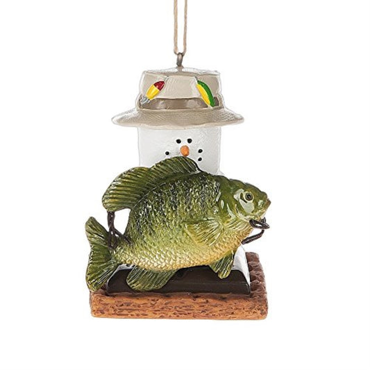 S'mores Snowman Fisherman with Fish Resin Christmas Ornament 2.9 inch
