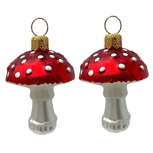Pinnacle Peak Trading Red Toadstool Mushrooms Polish Glass Christmas Ornament Set of 2 Decorations