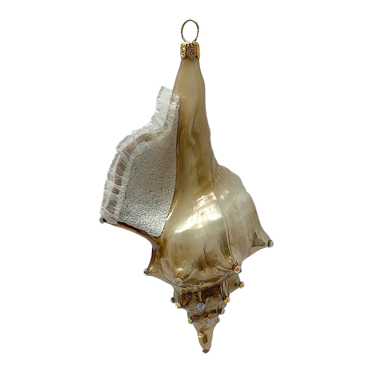 Pinnacle Peak Trading Brown and White Jeweled Seashell Polish Glass Christmas Ornament Shell Coastal