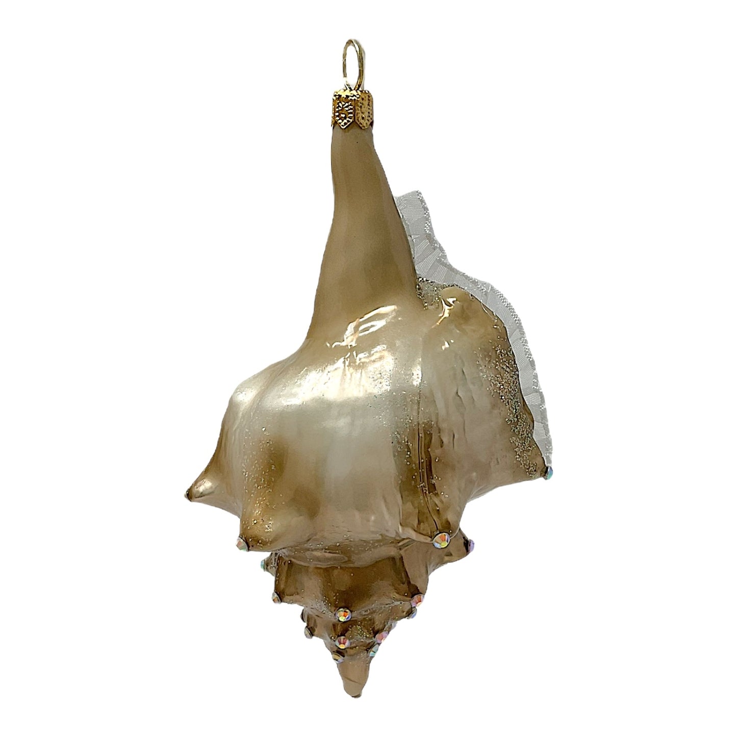 Pinnacle Peak Trading Brown and White Jeweled Seashell Polish Glass Christmas Ornament Shell Coastal