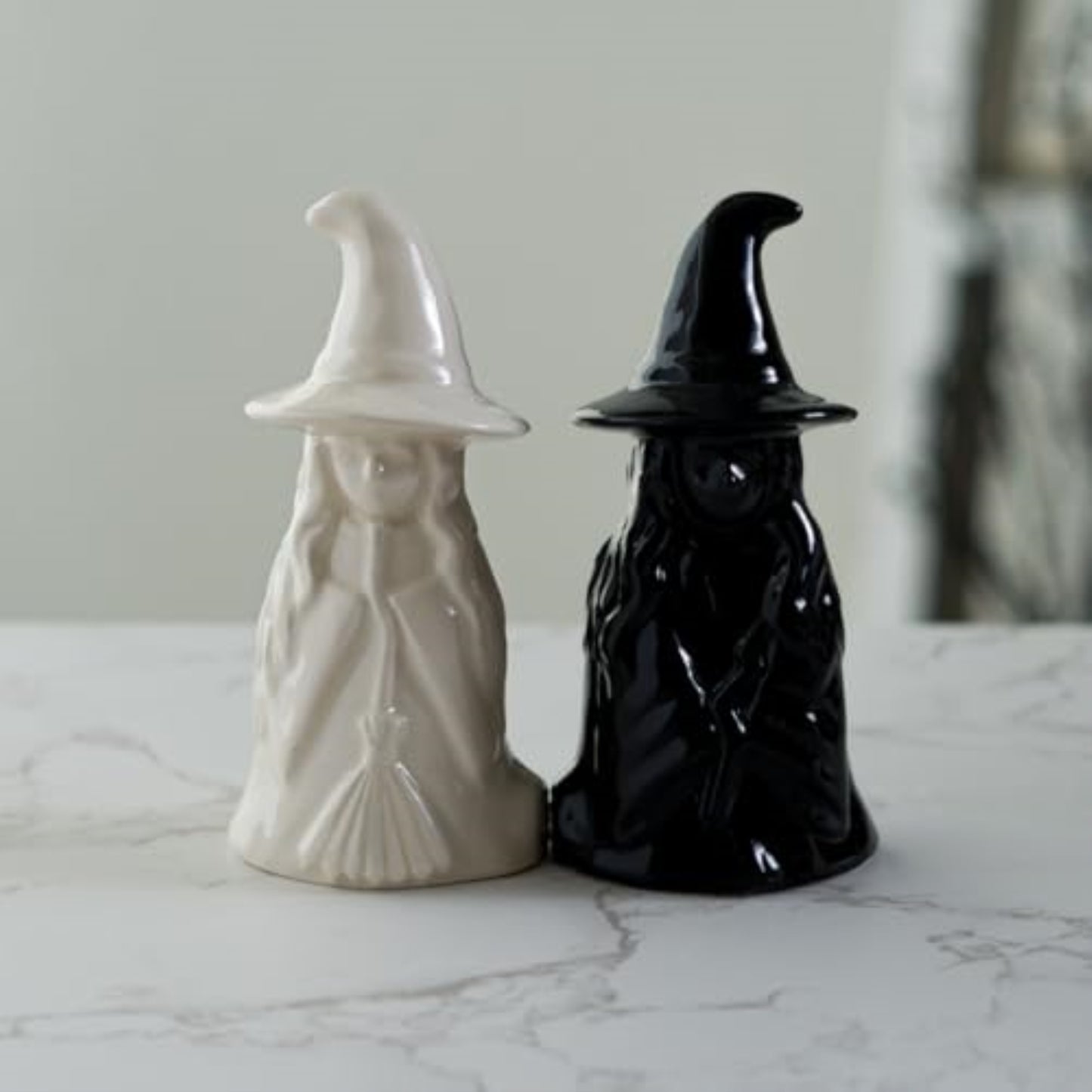 Mystical White and Black Ceramic Magnetic Witch Salt and Pepper Shaker Set