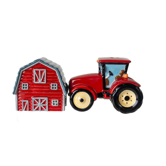 Red Tractor and Barn Country Kitchen Ceramic Magnetic Salt and Pepper Shaker Set