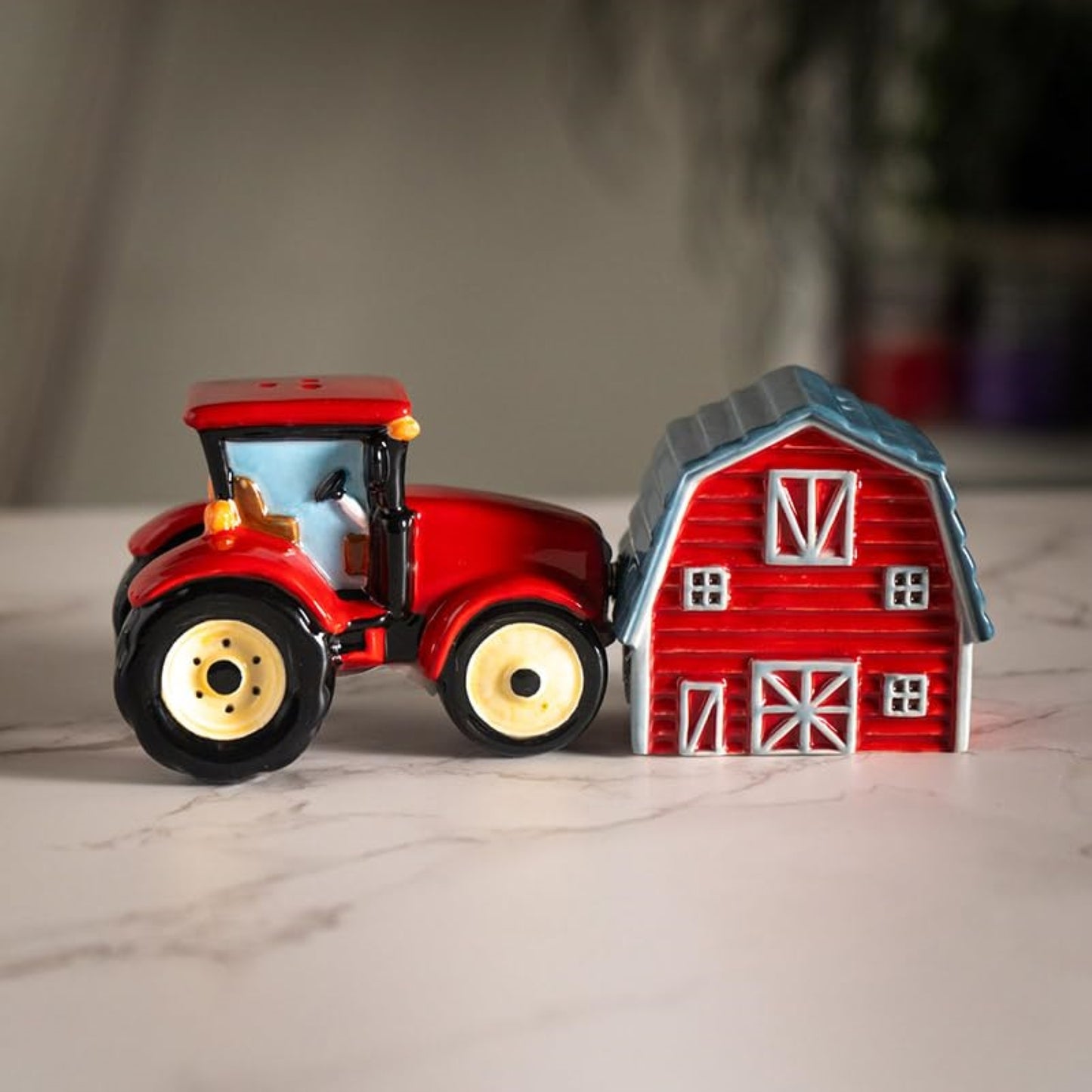 Red Tractor and Barn Country Kitchen Ceramic Magnetic Salt and Pepper Shaker Set