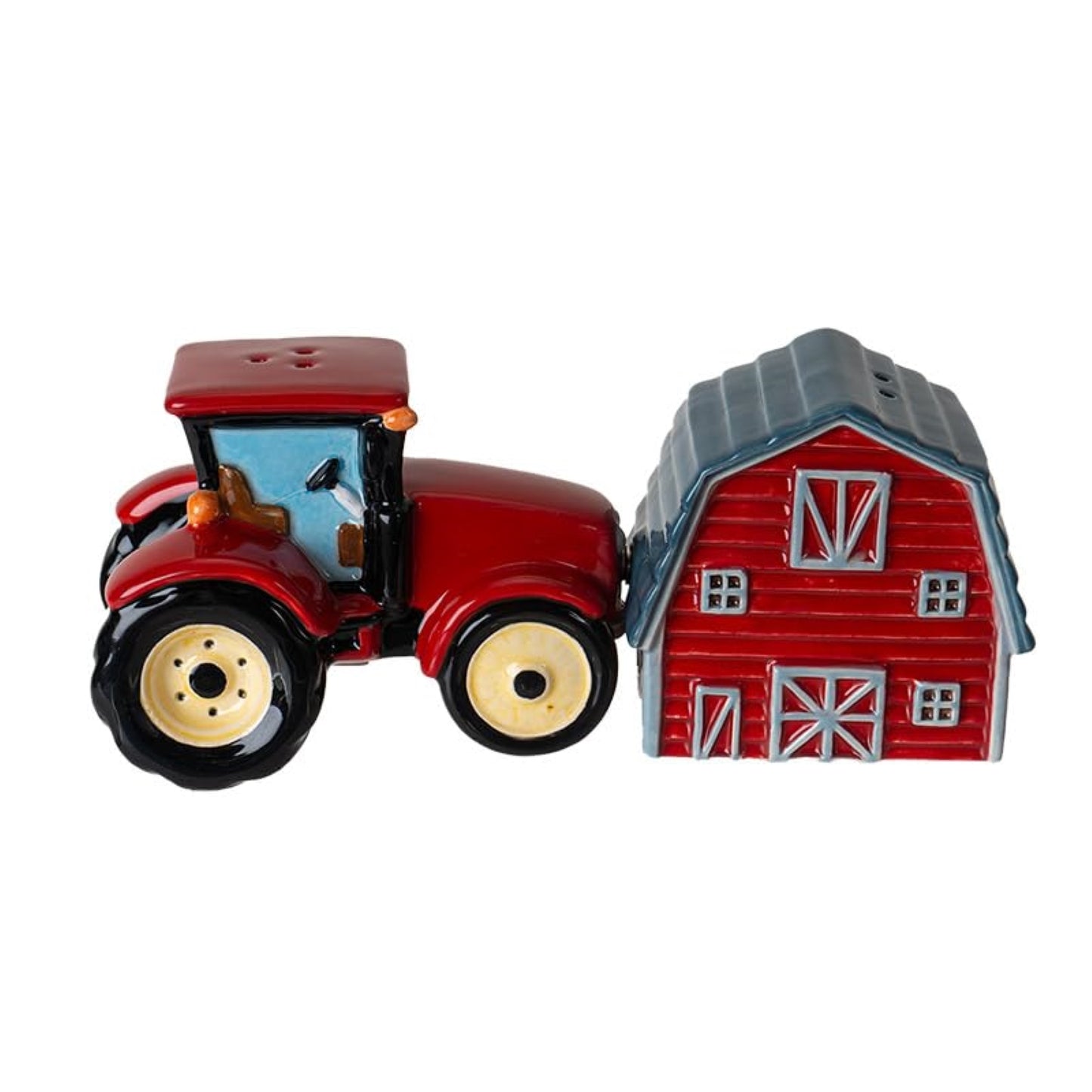 Red Tractor and Barn Country Kitchen Ceramic Magnetic Salt and Pepper Shaker Set