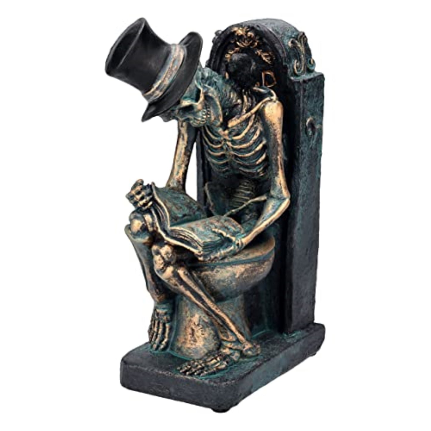 RIP Bronze Finish Skeleton Reading on Toilet Tombstone Bathroom Office Decor Figurine 8 inch Tall