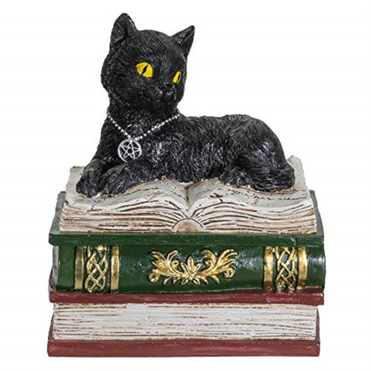 Magic Wiccan Black Cat on Stack of Books Resin Trinket Jewelry Keepsake Box 4.75 inch